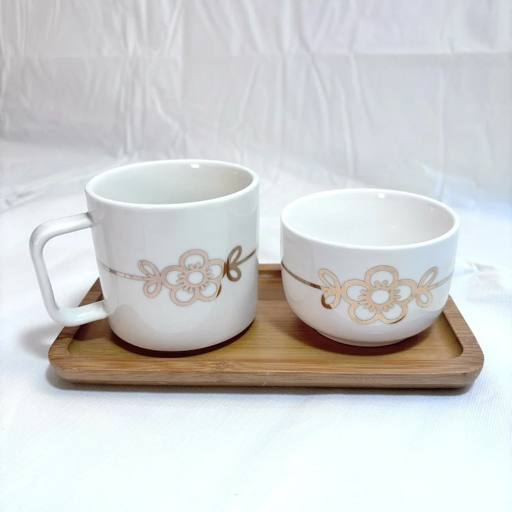 Thun Porcelain Mug/Cup Bowl Wood Tray Orianne Gold Breakfast 3 Piece Set White